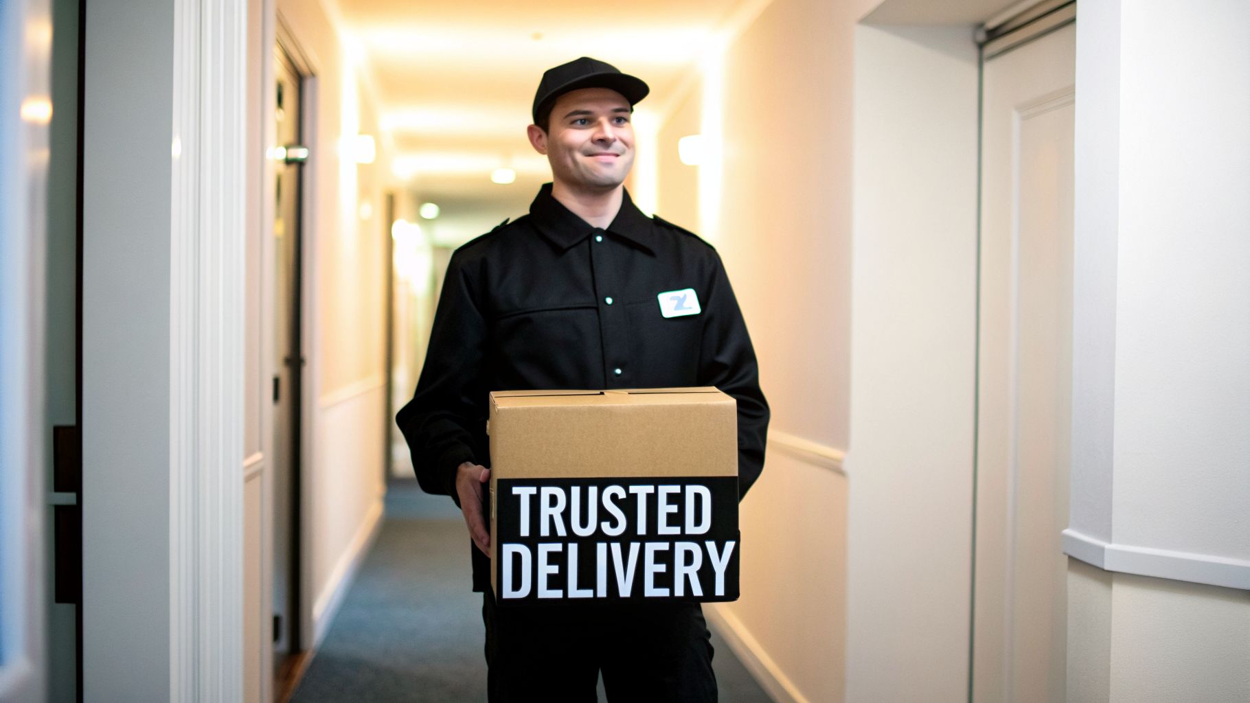 A smiling delivery man in a black uniform holds a 'Trusted Delivery' box in a hallway.