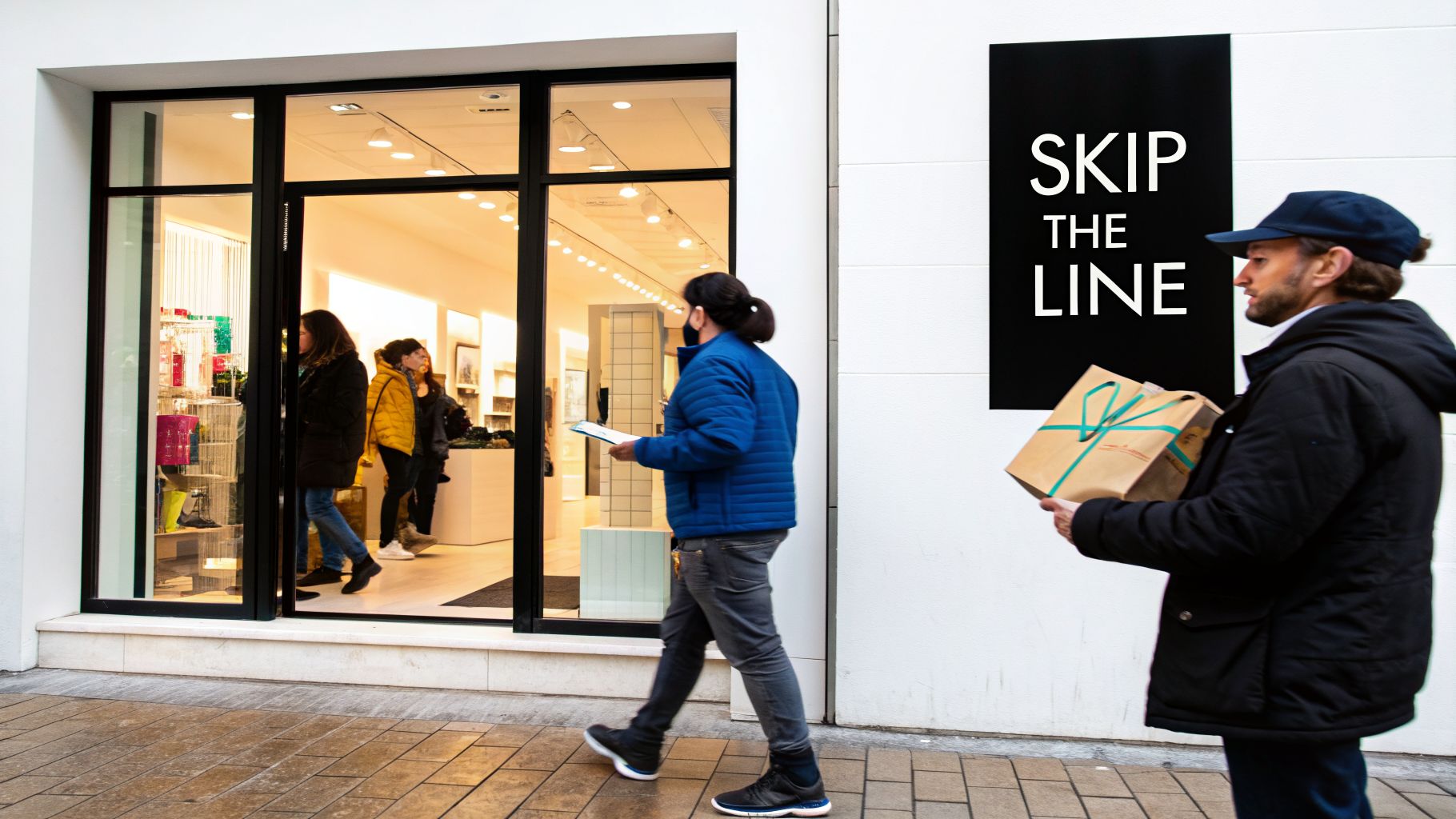 A man carries a package past a "Skip the Line" sign near a busy store entrance.