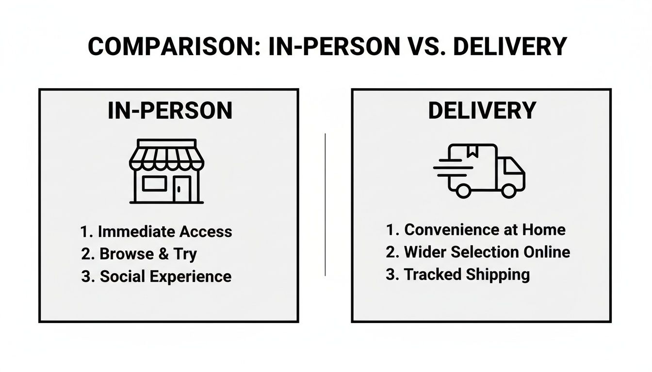 A comparison chart for shopping: in-person with a store icon and delivery with a truck icon, listing benefits for both.