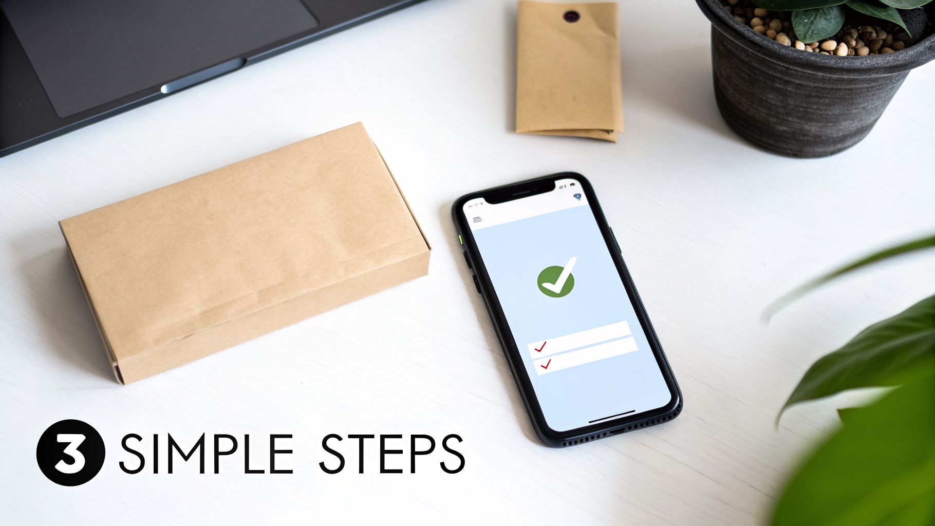 Flat lay of a desk with a smartphone displaying a checklist, delivery boxes, and a laptop.