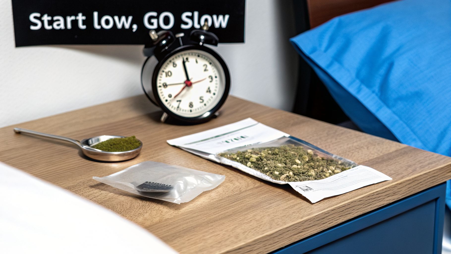 A bedside table with cannabis products, an alarm clock, and a 'Start low, GO Slow' sign.