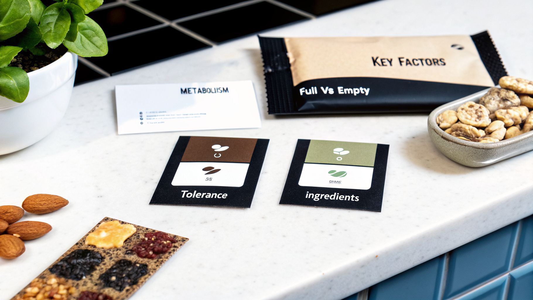 A clean white counter with various health and nutrition-related items, including cards, snacks, and a plant.