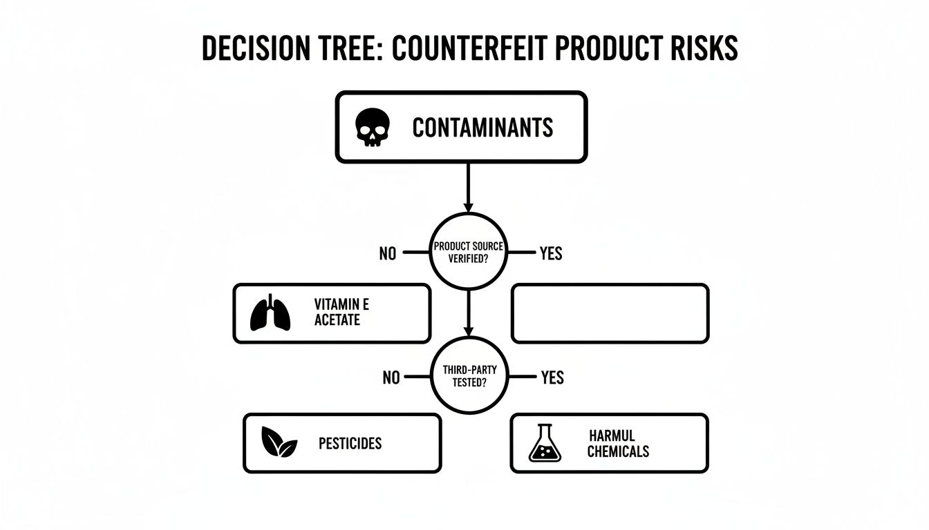 Decision tree illustrating counterfeit product risks, asking about product source and third-party testing.