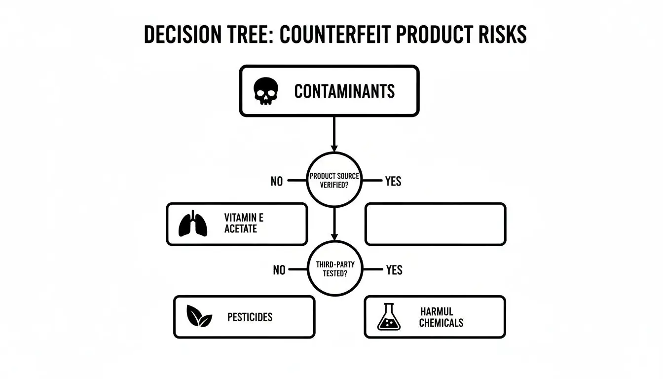 Decision tree illustrating counterfeit product risks, asking about product source and third-party testing.