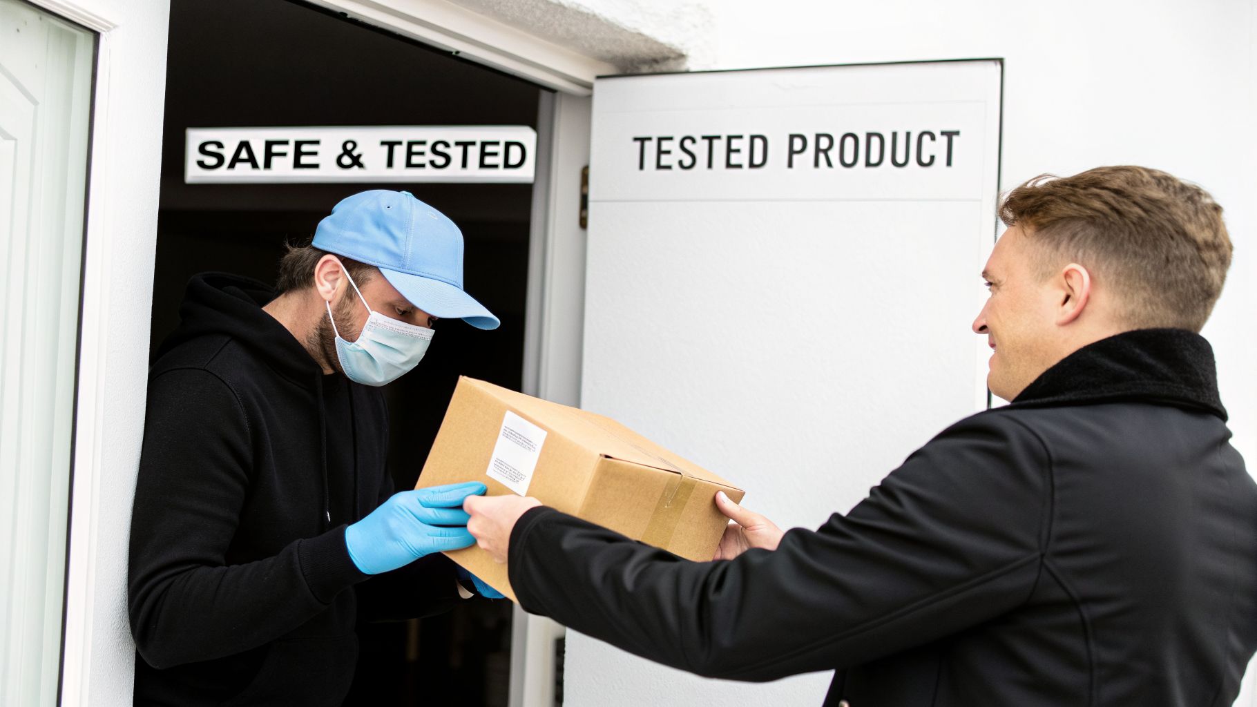 A masked delivery person in blue gloves hands a 'safe & tested' package to a customer at a doorstep.