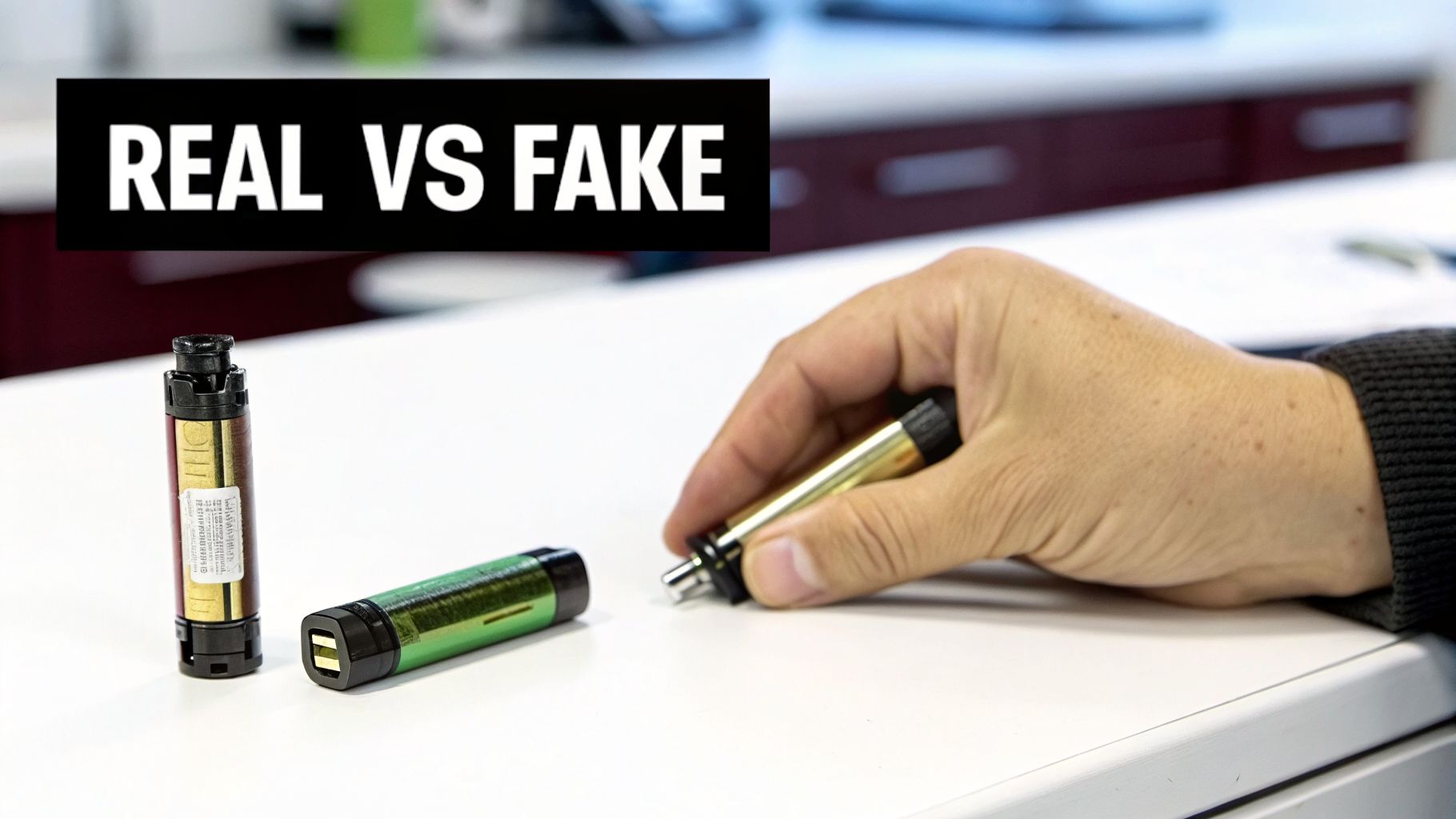 A hand examines a gold vape cartridge, comparing it with a green one under 'REAL VS FAKE' text.