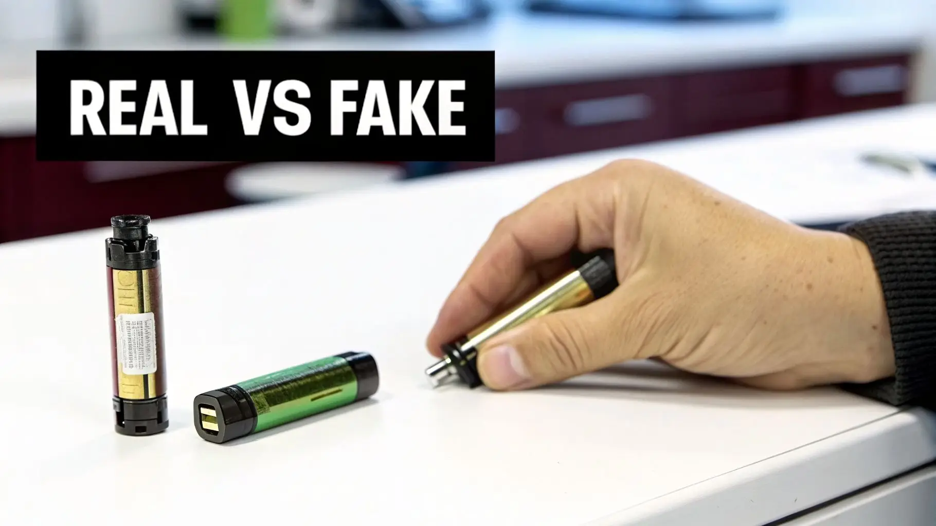 A hand examines a gold vape cartridge, comparing it with a green one under 'REAL VS FAKE' text.