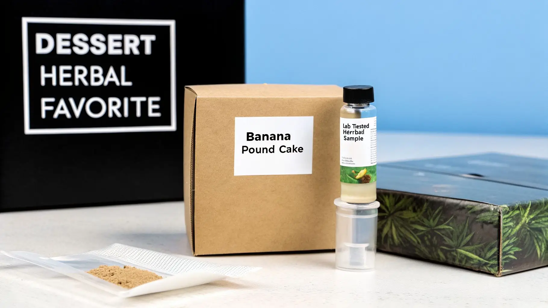 A 'Banana Pound Cake' box, 'Dessert Herbal Favorite' packaging, an herbal sample bottle, and powder mix.