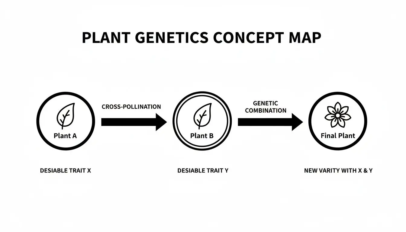 Concept map illustrating plant genetics: cross-pollination of two plants with desirable traits to create a new variety.