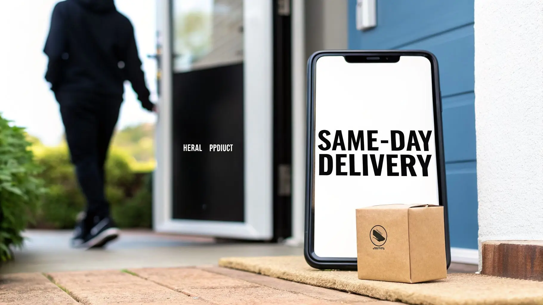 A smartphone showing 'SAME-DAY DELIVERY' and a package on a doormat, with a person walking away.