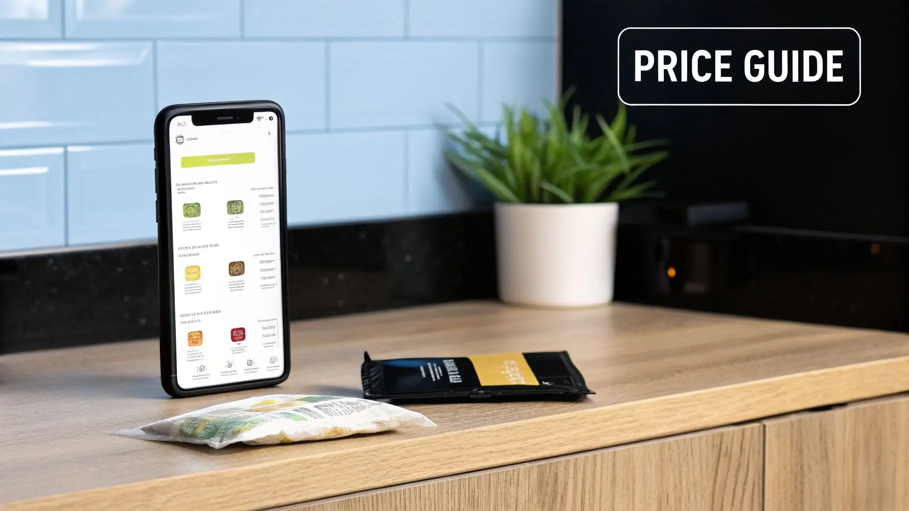 A smartphone displaying a meal delivery app on a kitchen counter with packaged food items and a price guide.