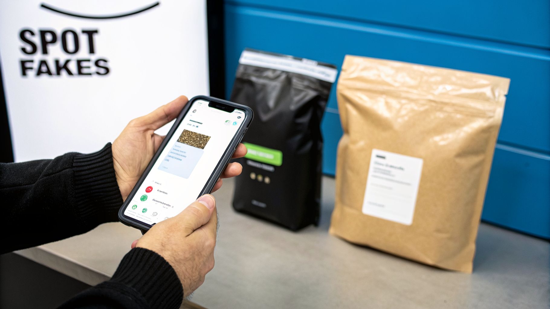 Person uses a smartphone app to verify product authenticity, with 'SPOT FAKES' sign and two product pouches.