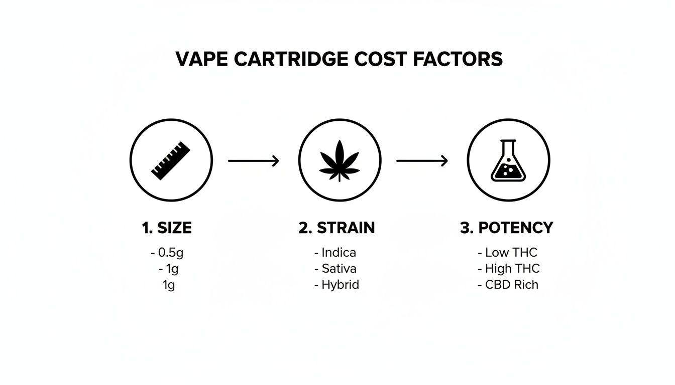 Diagram illustrating three key vape cartridge cost factors: size, strain, and potency.
