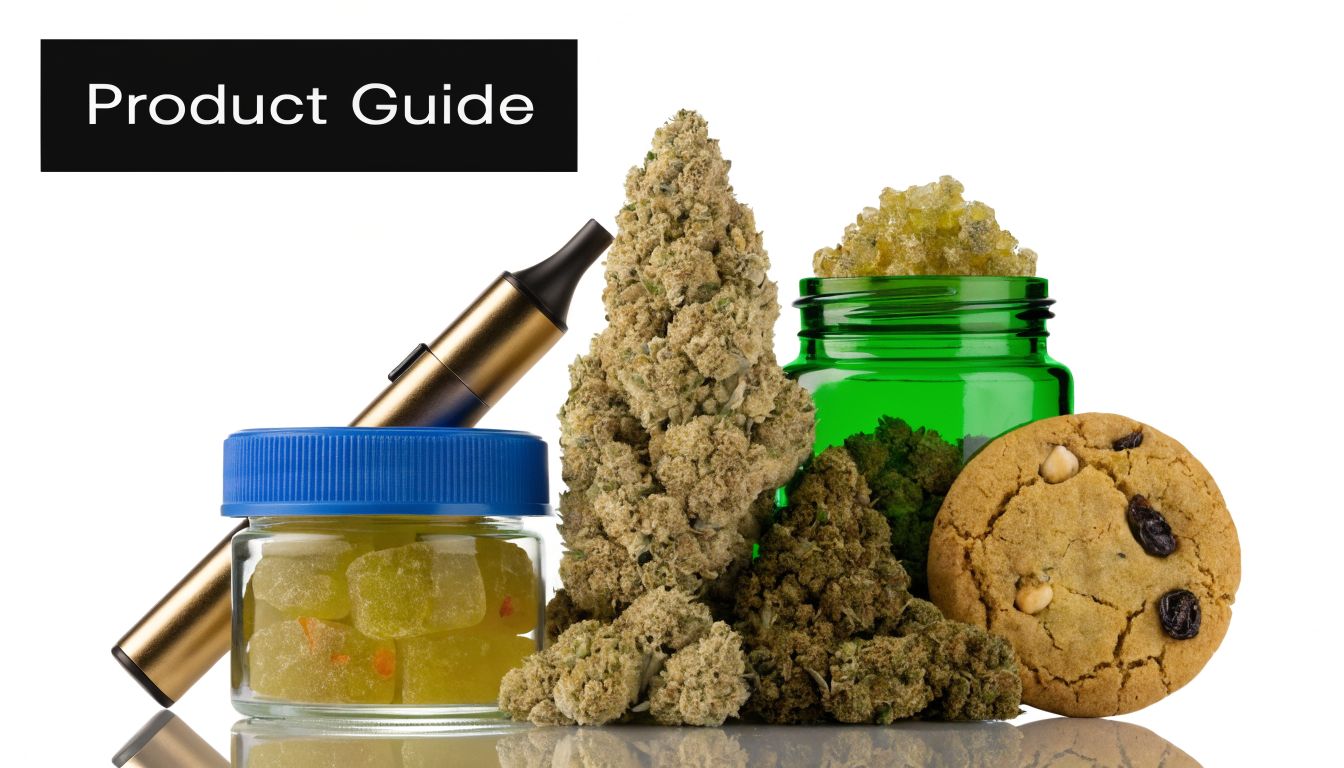 An assortment of cannabis products including dried buds, gummies, a vape pen, and a baked cookie.