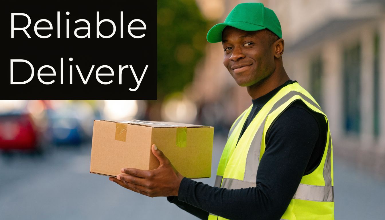 A friendly delivery worker wearing a green cap and high visibility vest holding a package.