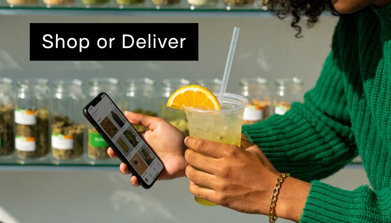 A person holding a mobile app for a cannabis store while holding a refreshing cold drink.