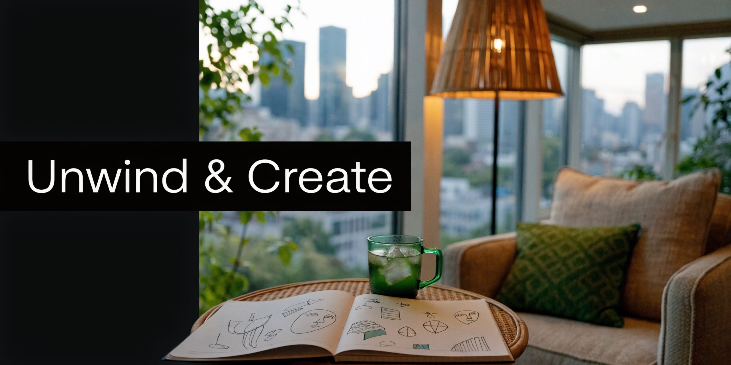 A cozy lounge area with an open sketchbook, a glass of green drink, and city view.