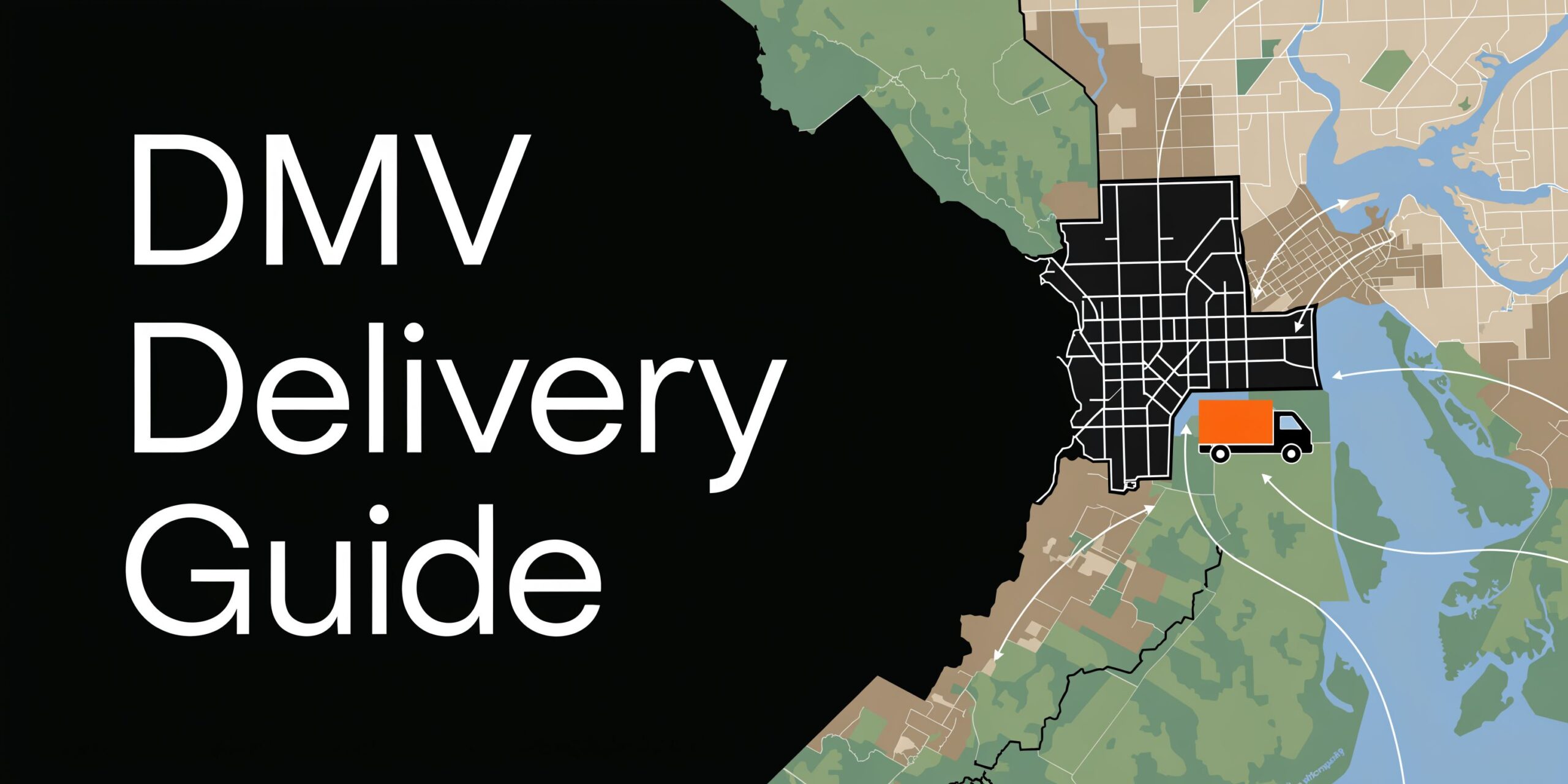 A graphic featuring the text DMV Delivery Guide next to a map showing city transportation routes.