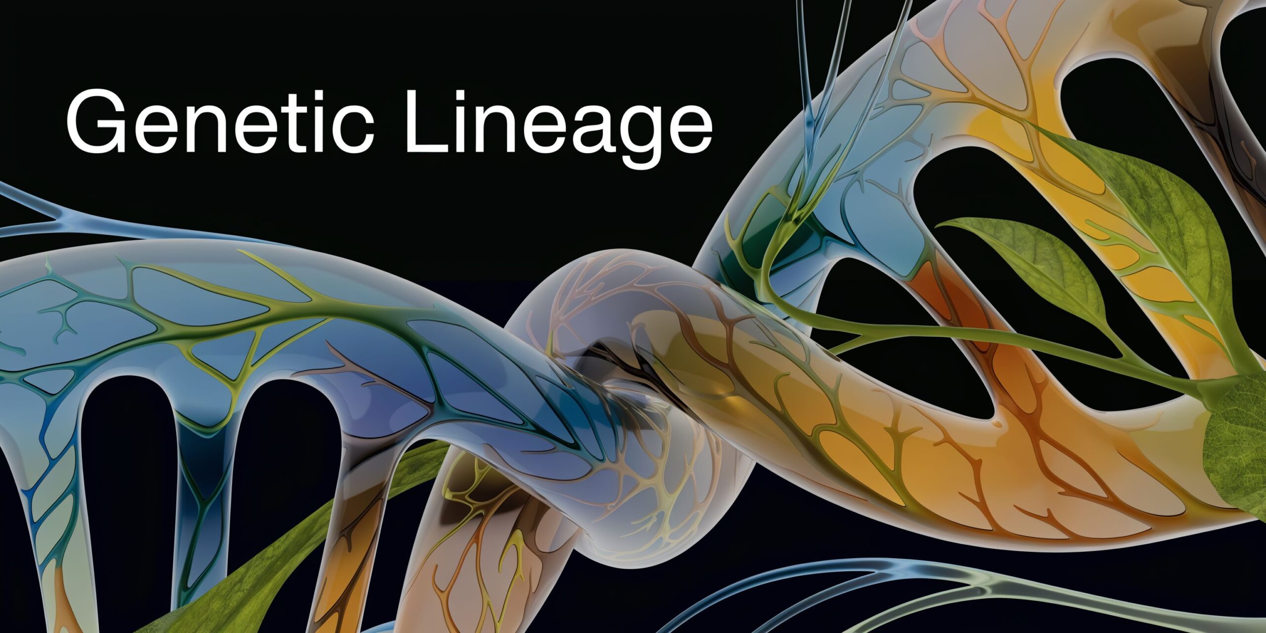 A 3D artistic representation of a DNA helix intertwining with organic leaf patterns on black background.