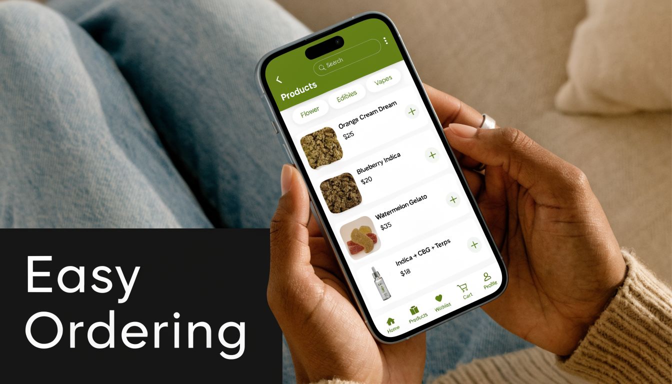 A person holding a smartphone showing an app for ordering cannabis products with an easy interface.