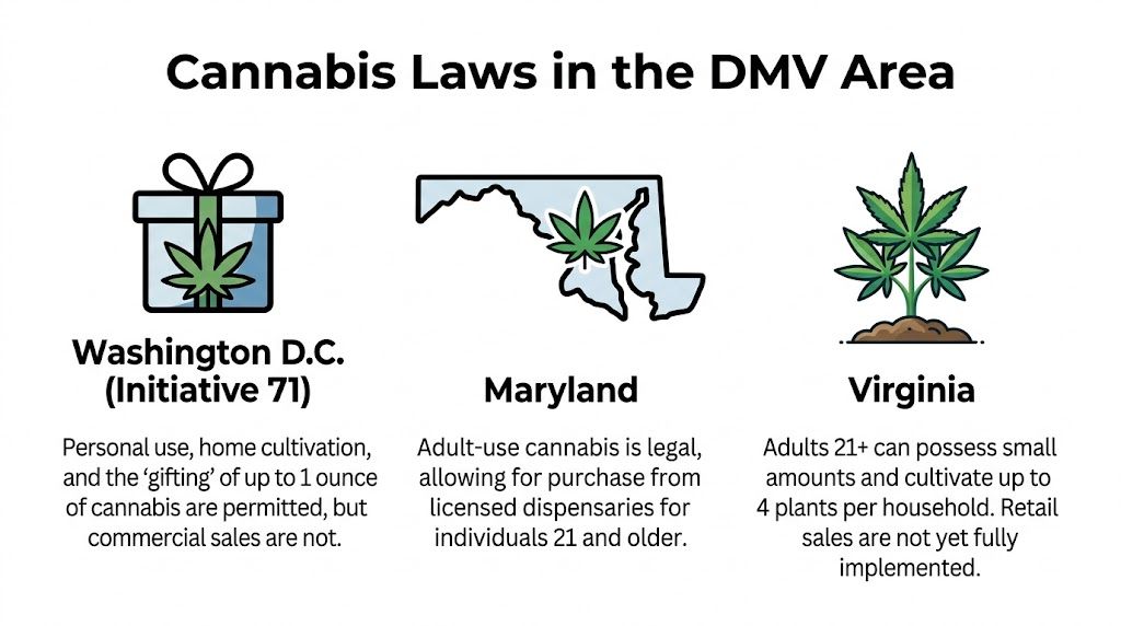 An infographic showing the different legal status of cannabis in Washington D.C., Maryland, and Virginia.