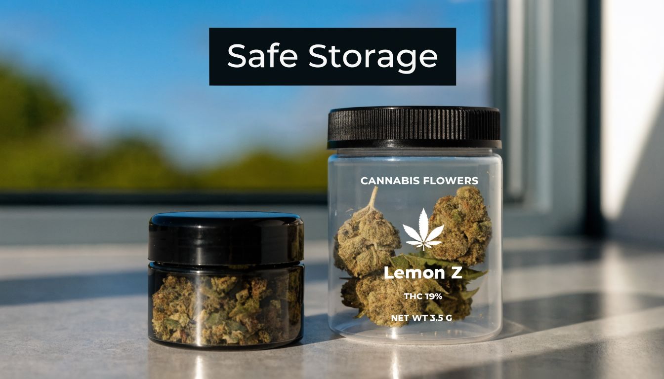 Two small clear containers filled with cannabis flower buds sitting on a windowsill during daytime.