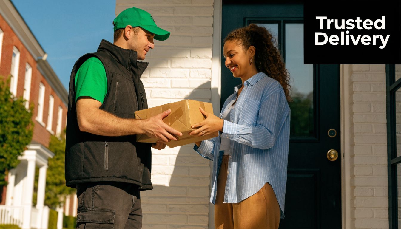 A smiling courier in a green uniform hands a cardboard package to a woman at her home doorway.