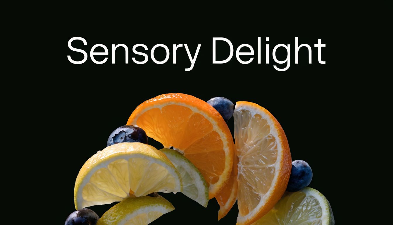 A colorful arrangement of sliced citrus fruit and fresh blueberries set against a deep black background.