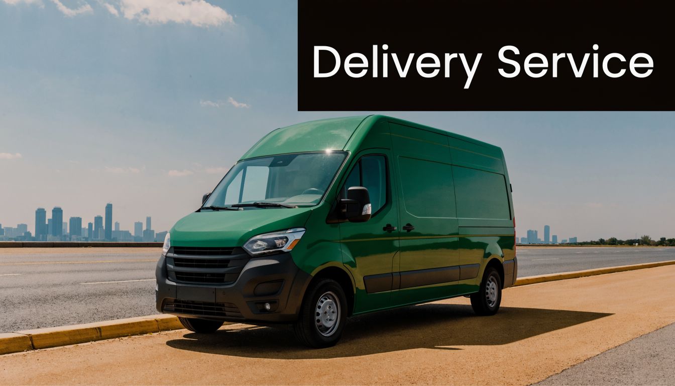A green delivery van parked on the side of a road with a city skyline in view.