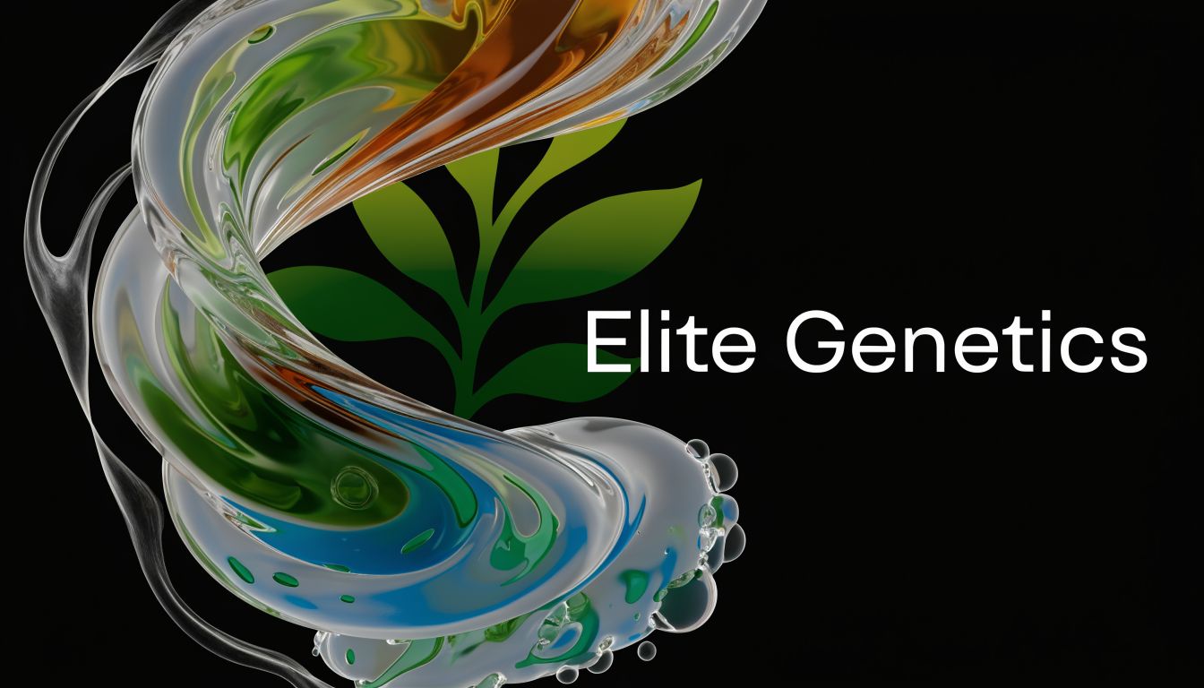Abstract design featuring a flowing liquid spiral overlaying a green leaf icon for Elite Genetics brand.
