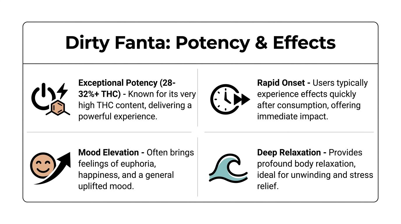 A graphic detail sheet showing Dirty Fanta strain information, including potency, onset, mood, and relaxation effects.
