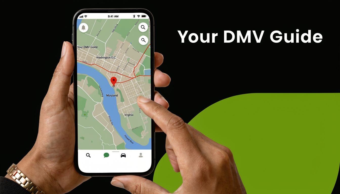 A person holding a smartphone displaying a map interface for a DMV guide application on a screen.