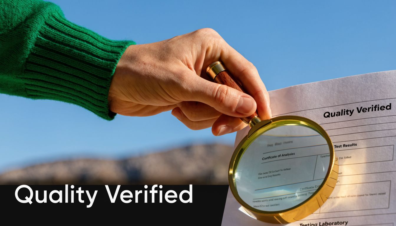 A hand holding a magnifying glass over a quality verified certificate of analysis document.