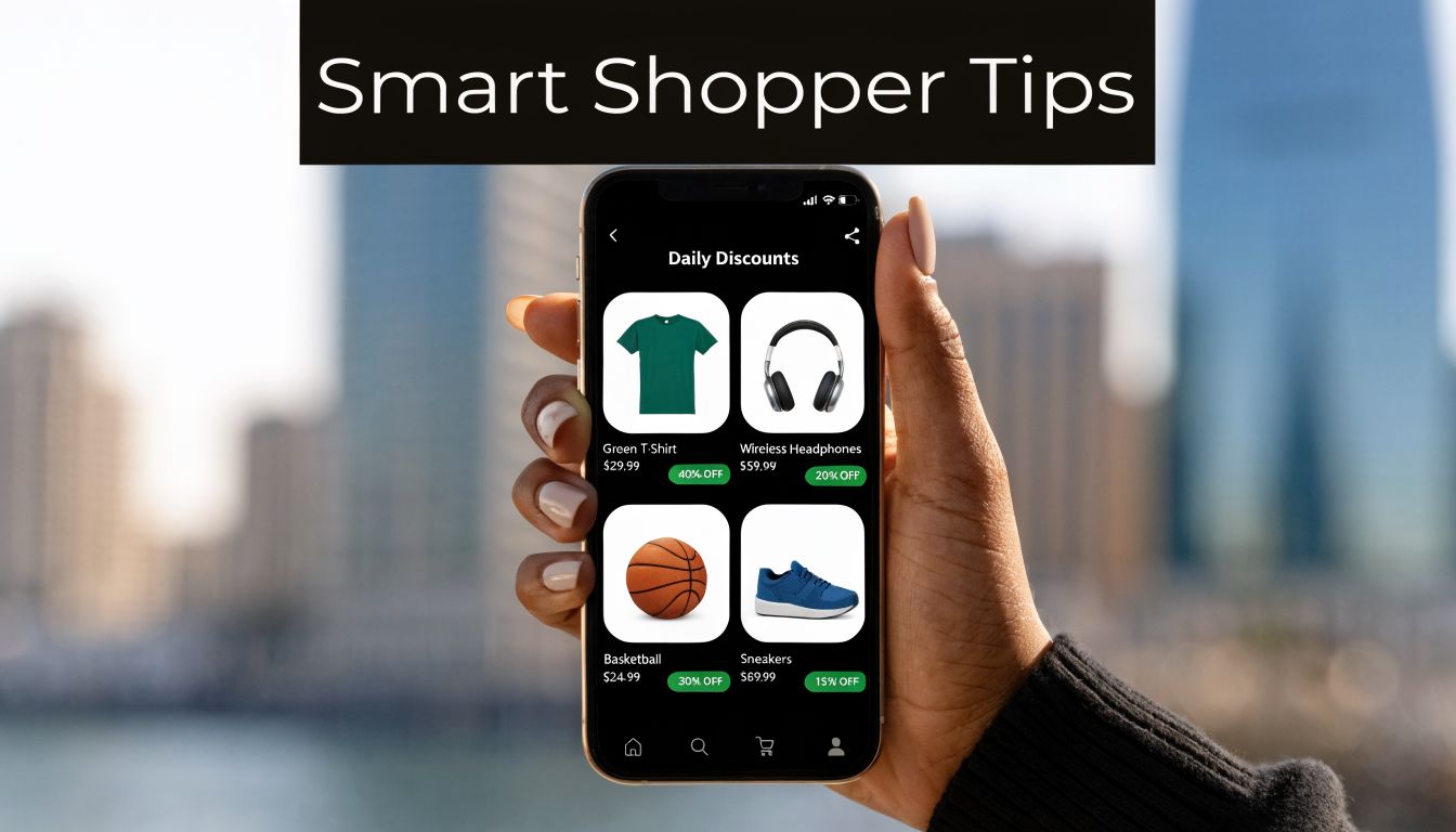 A hand holds a smartphone displaying a daily discount shopping app with four product items listed.