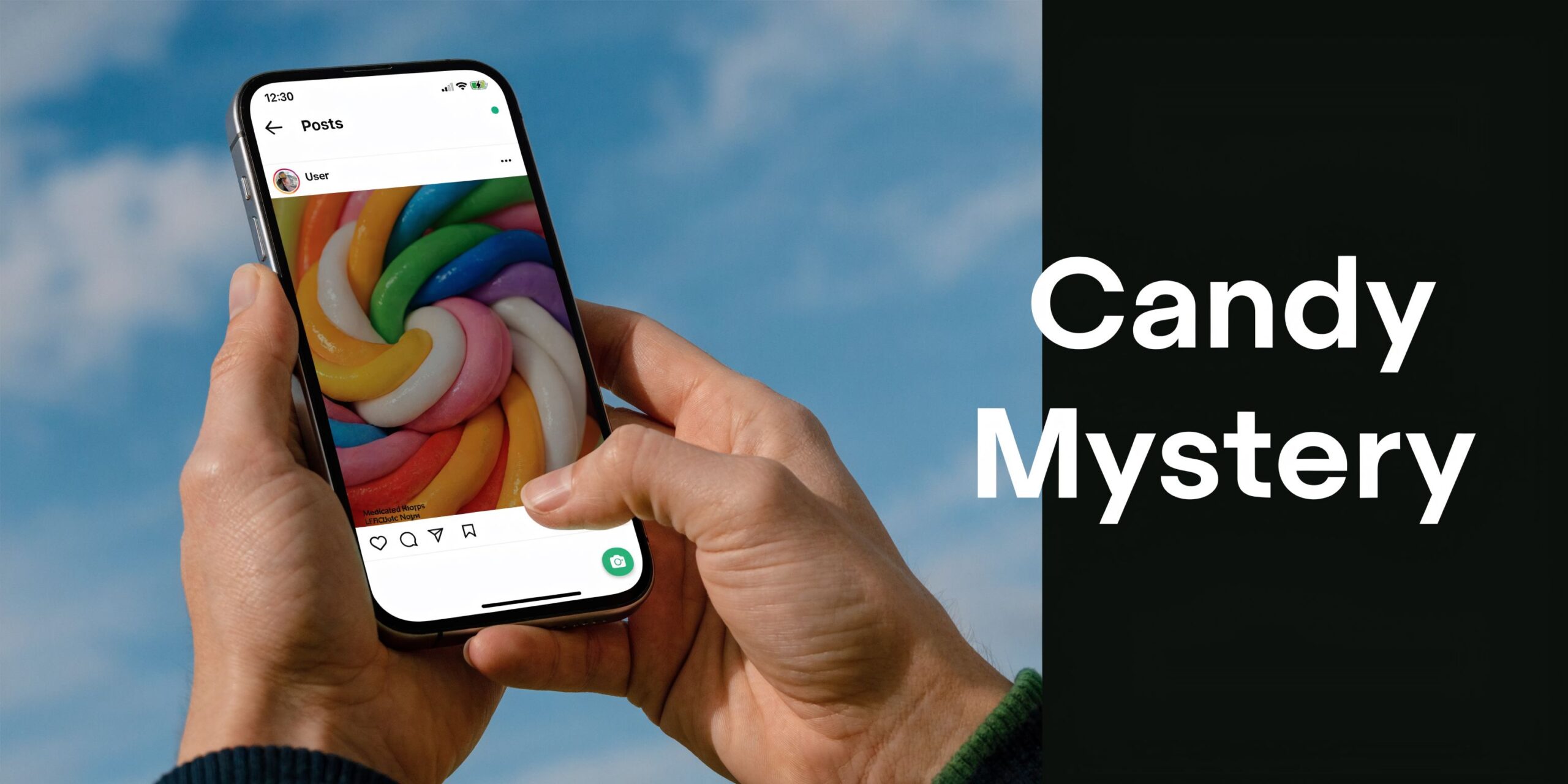 A person holding a smartphone displaying a colorful candy swirl image against a bright blue sky.