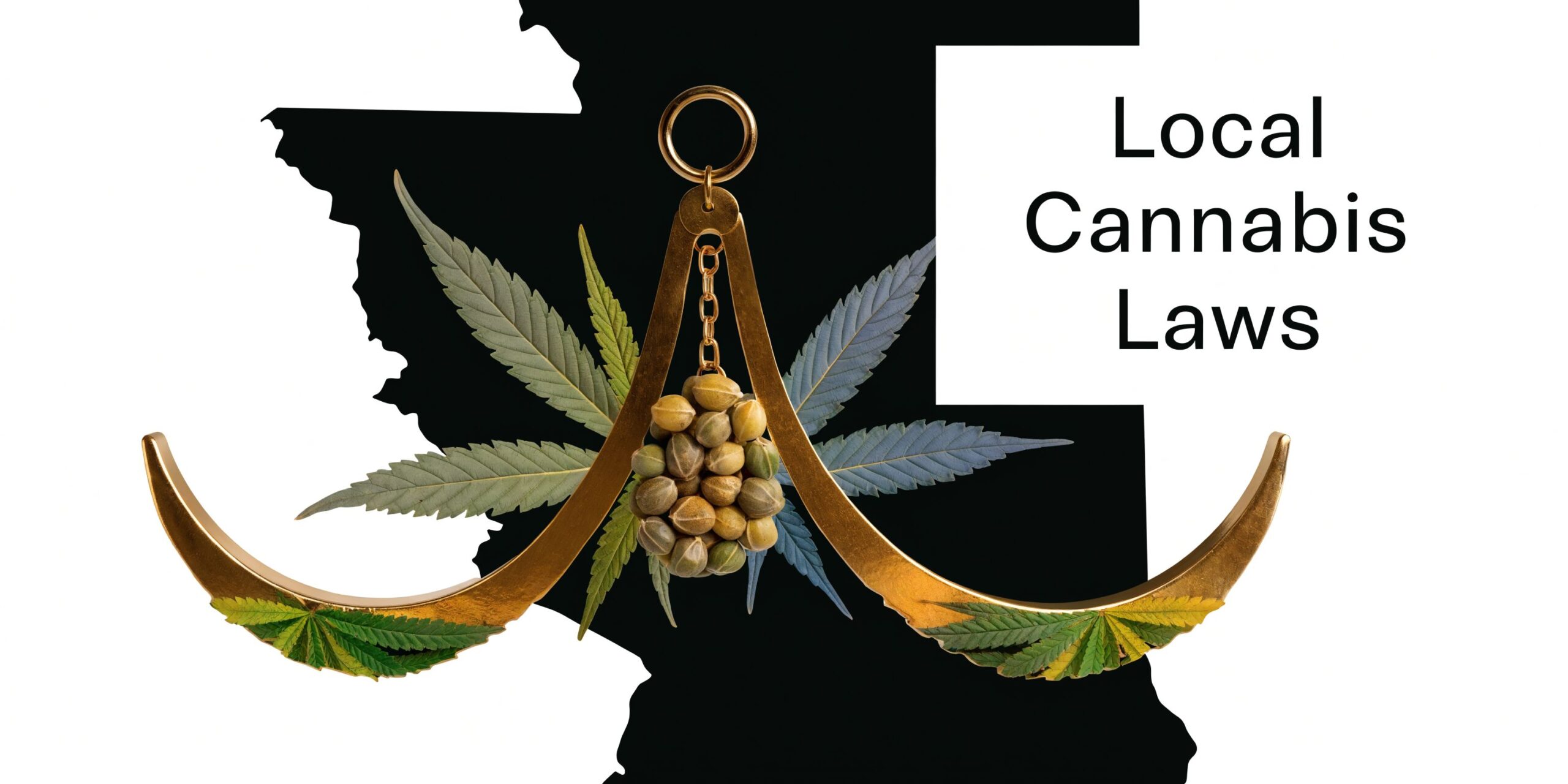 A graphic featuring cannabis seeds and leaves with a scale balancing symbol over an outline map.