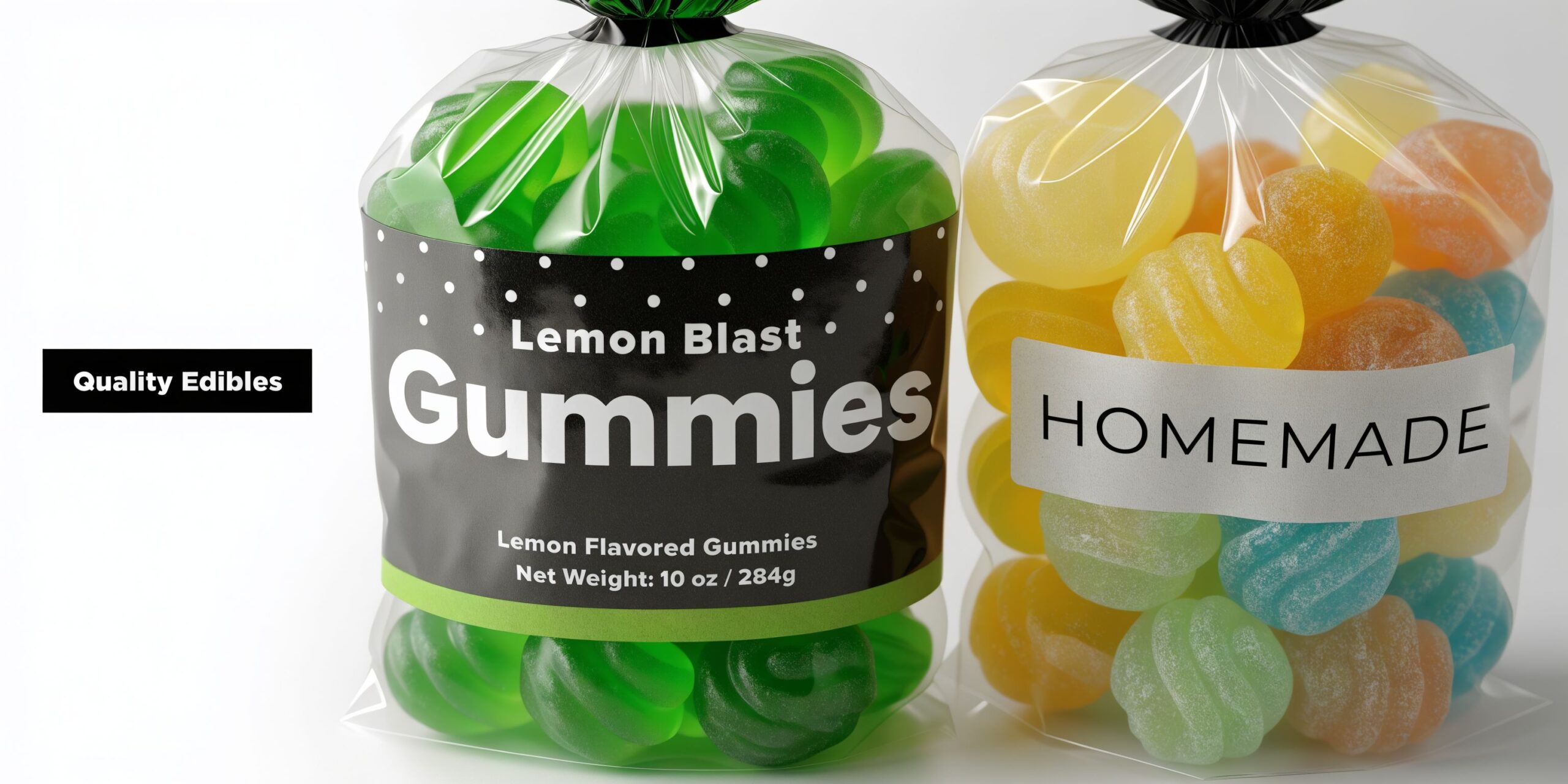 Two clear plastic bags filled with colorful fruit-flavored gummy candies on a plain white studio background.