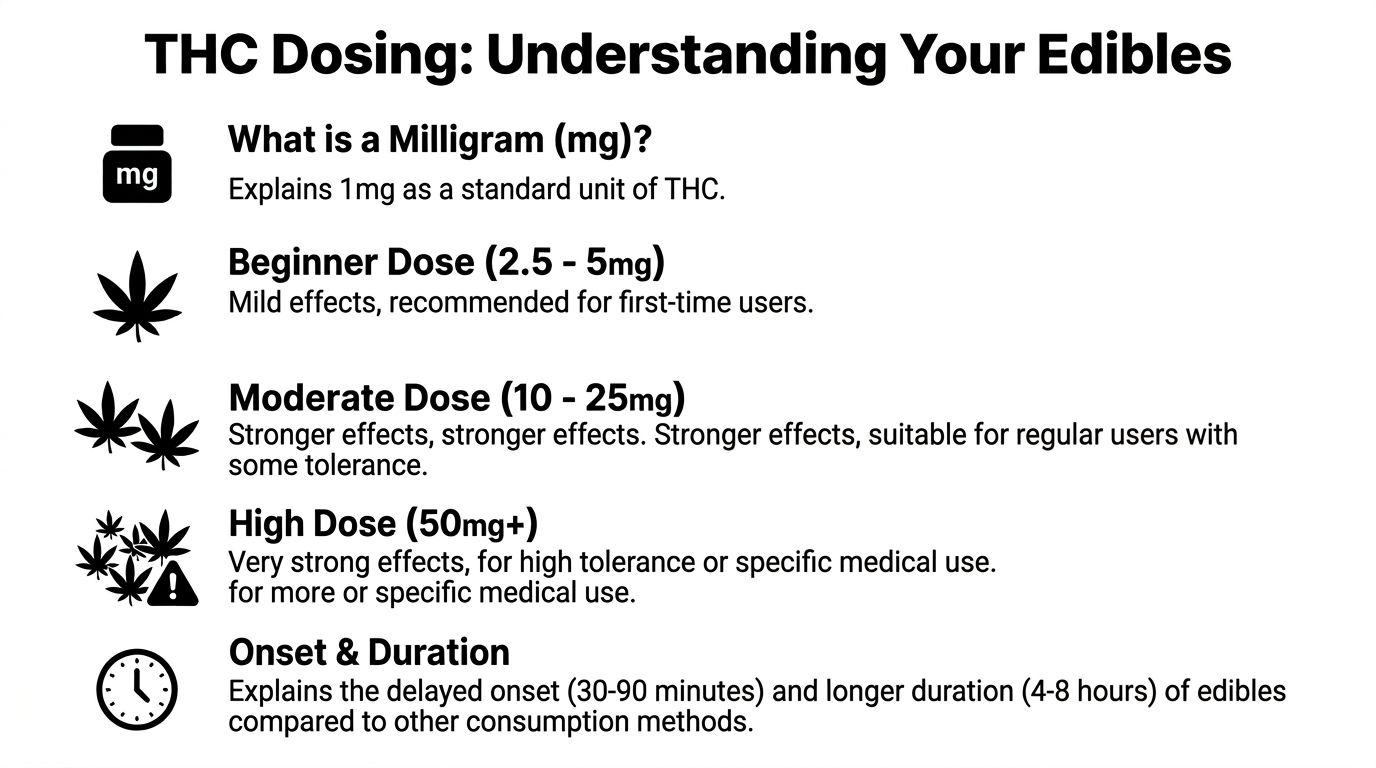 A chart explaining cannabis edible THC dosing guidelines ranging from beginner doses to high tolerance levels.