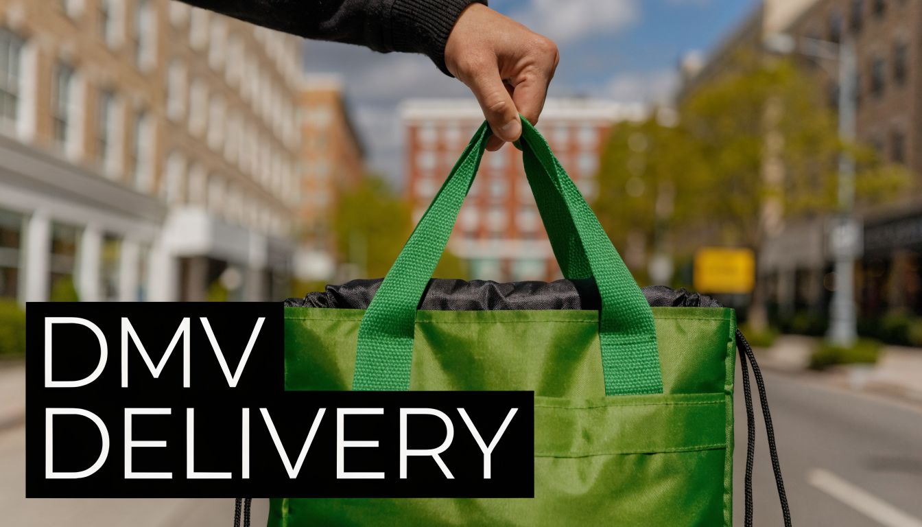 A hand holding a green reusable delivery bag in front of a blurred urban street scene.