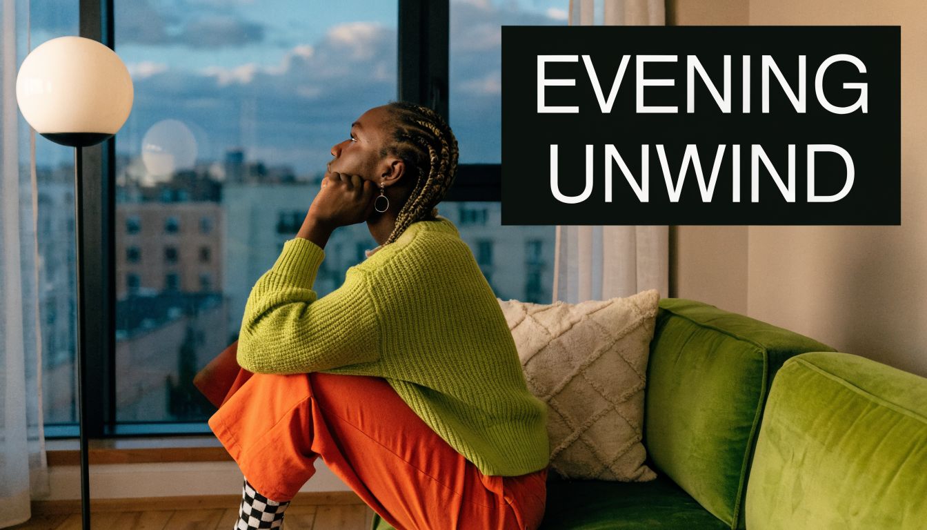 A person with braided hair sits on a green couch in front of a window at sunset.