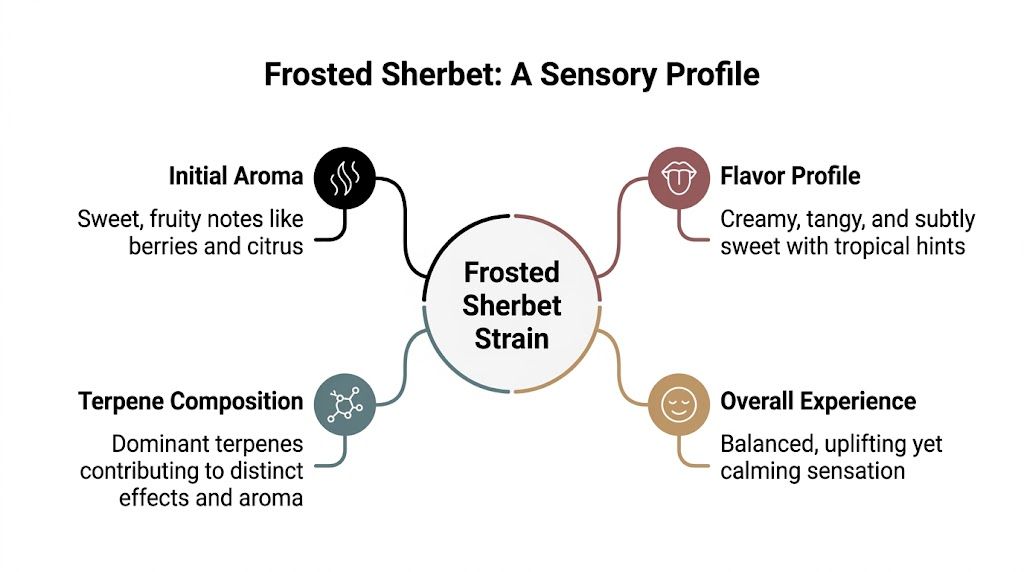 A sensory profile infographic for Frosted Sherbet cannabis strain, detailing aroma, flavor, terpenes, and overall experience.