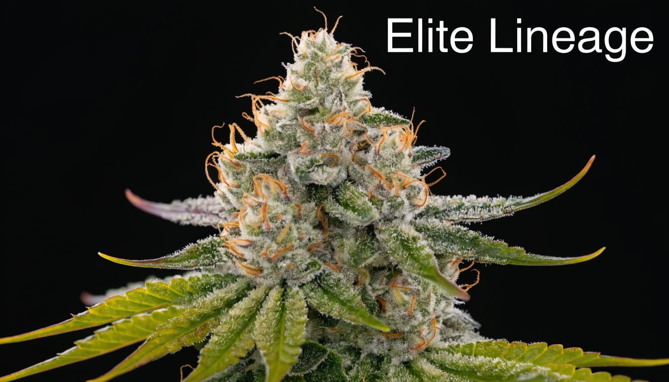 A close-up view of a vibrant cannabis flower bud covered in frosty trichomes with orange pistils.