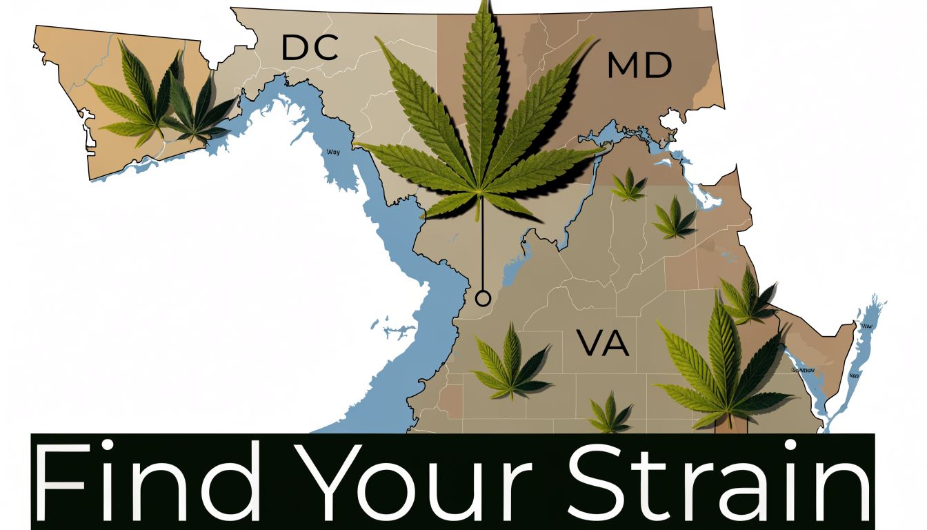 A map of the DC, Maryland, and Virginia region marked with cannabis leaves and the text Find Your Strain.