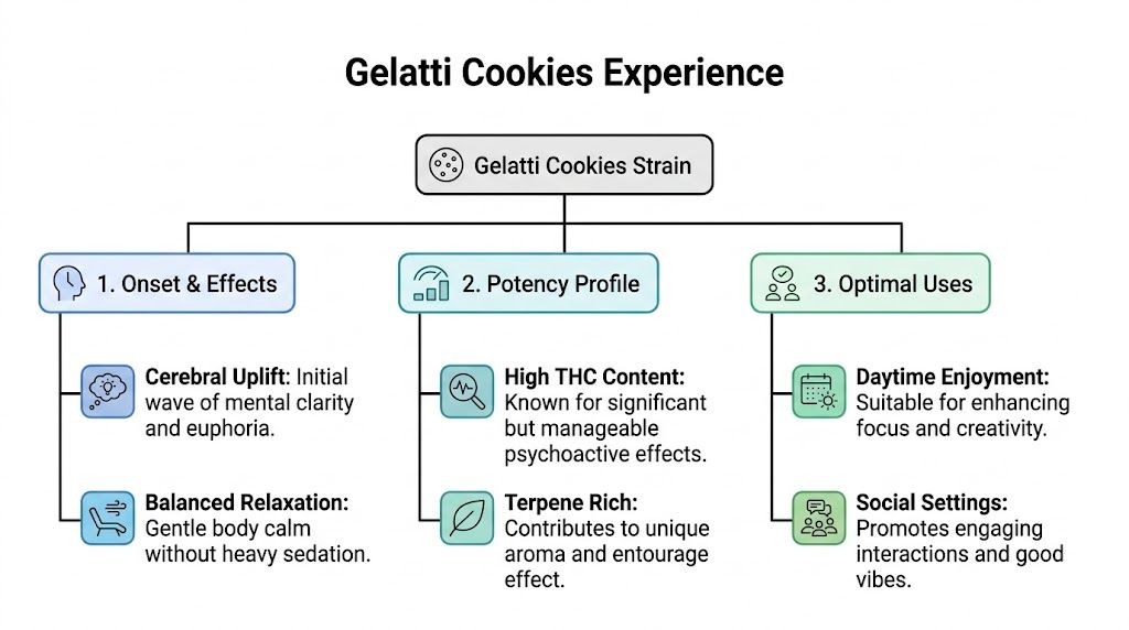 A flow chart outlining the experience of the Gelatti Cookies cannabis strain, detailing effects, potency, and usage.