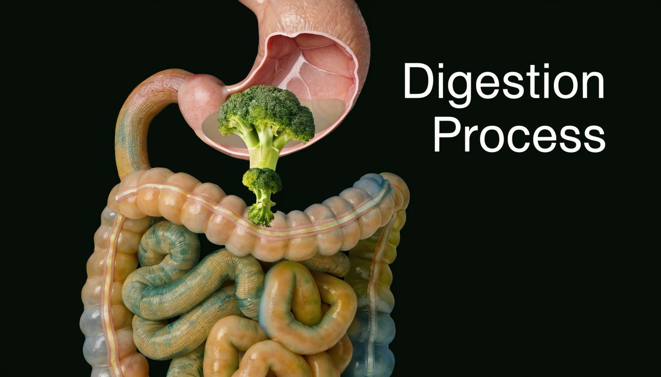 A 3D visualization of the human digestive system showing broccoli being broken down during the digestion process.