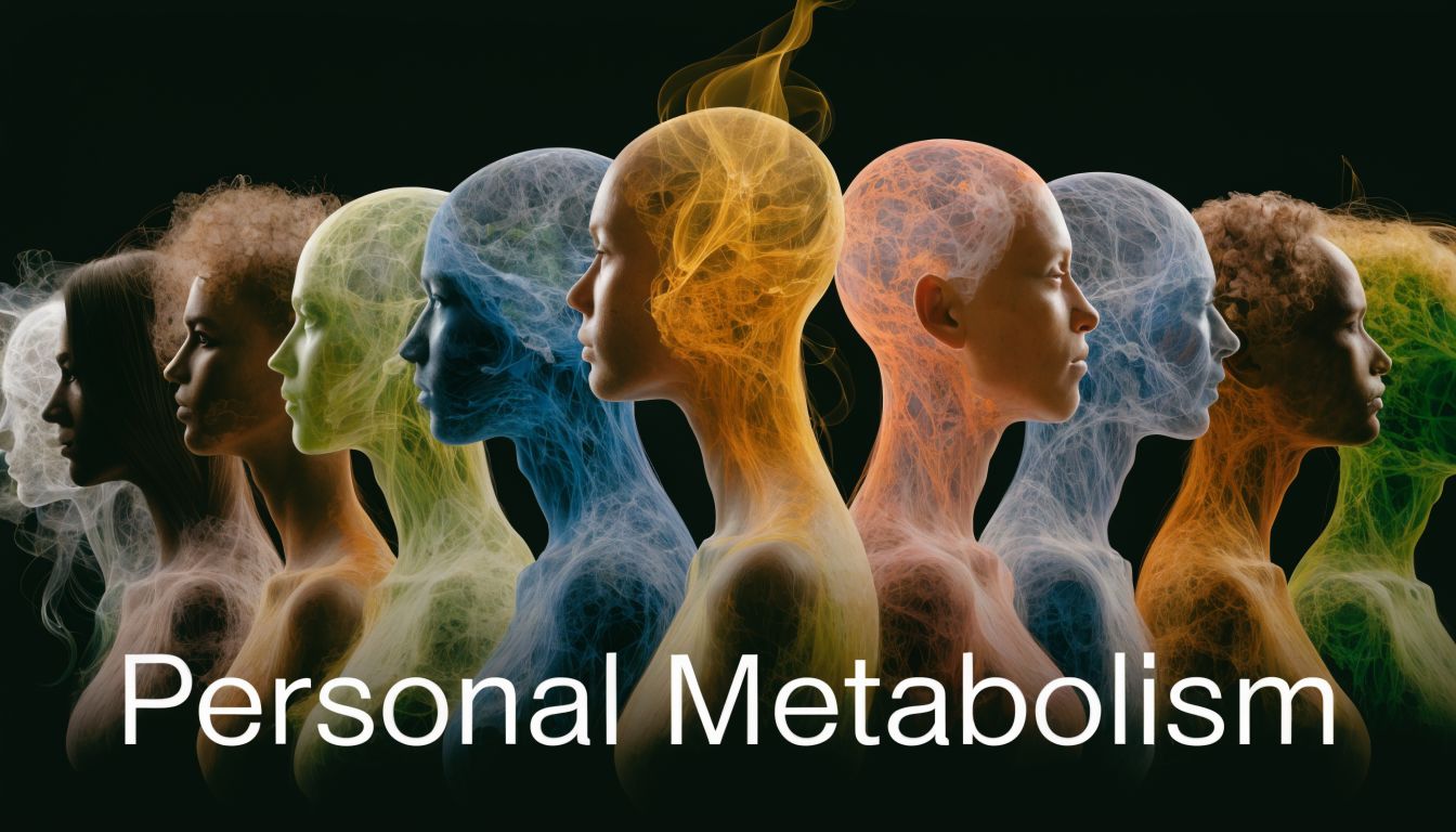 An artistic representation of several human heads layered with colorful, ethereal smoke representing personal metabolism.