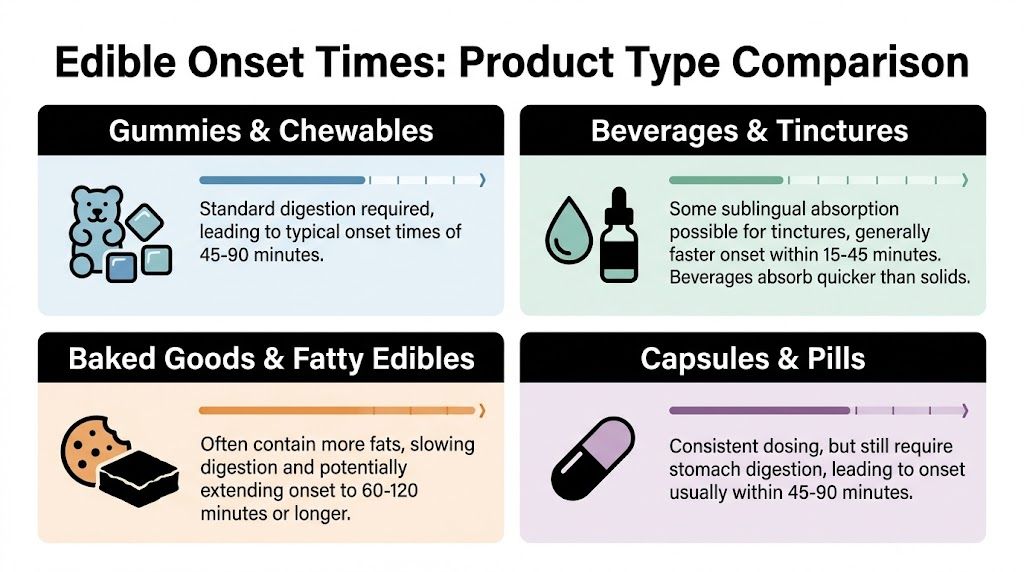 A comparison chart showing typical onset times for various cannabis edible products like gummies, beverages, and capsules.
