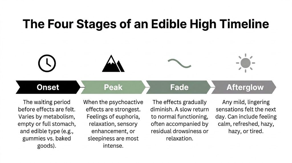 A diagram outlining the four stages of an edible cannabis high: Onset, Peak, Fade, and Afterglow.