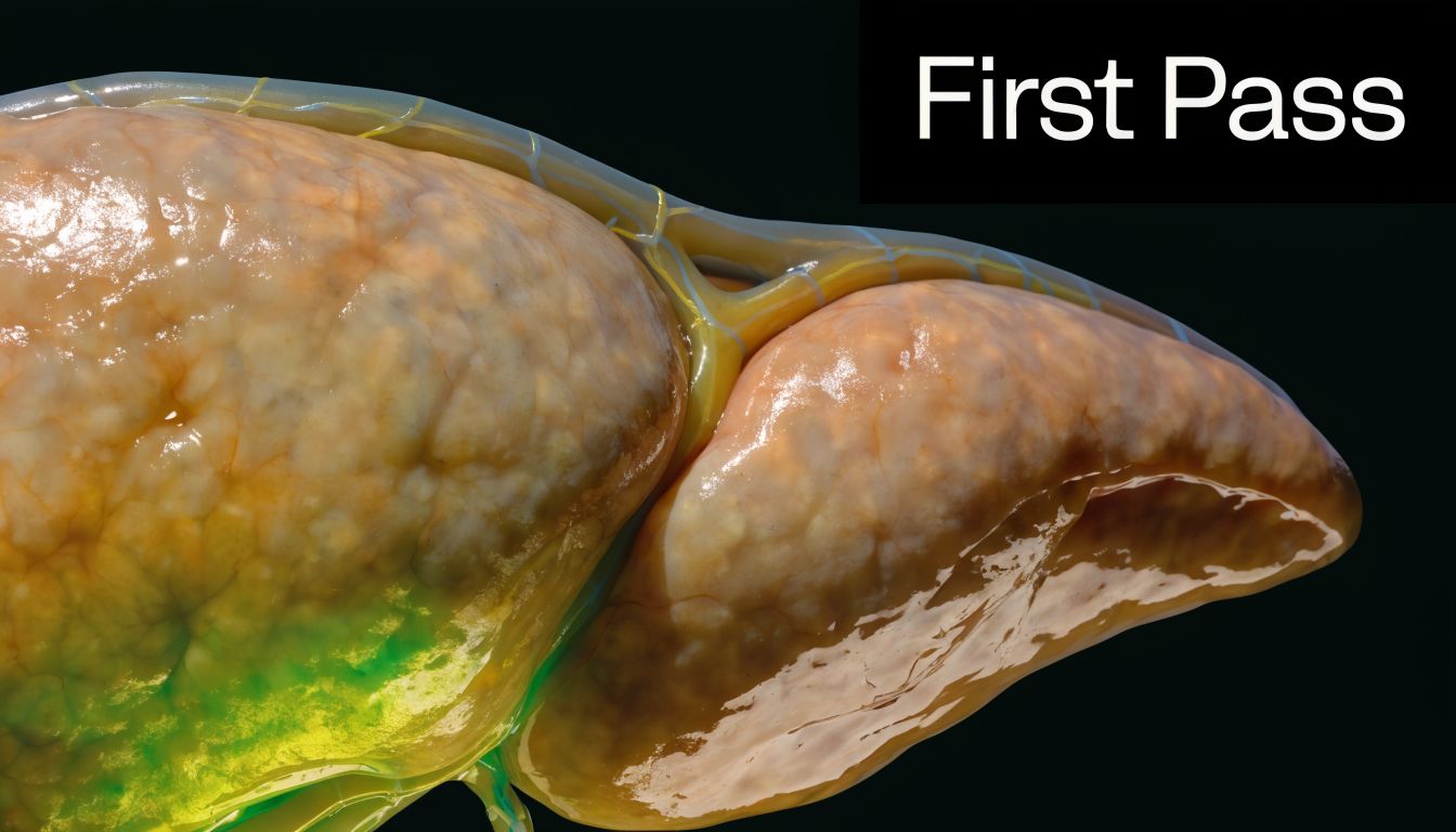 A 3D render showing a detailed anatomical model of a human liver on a black background.