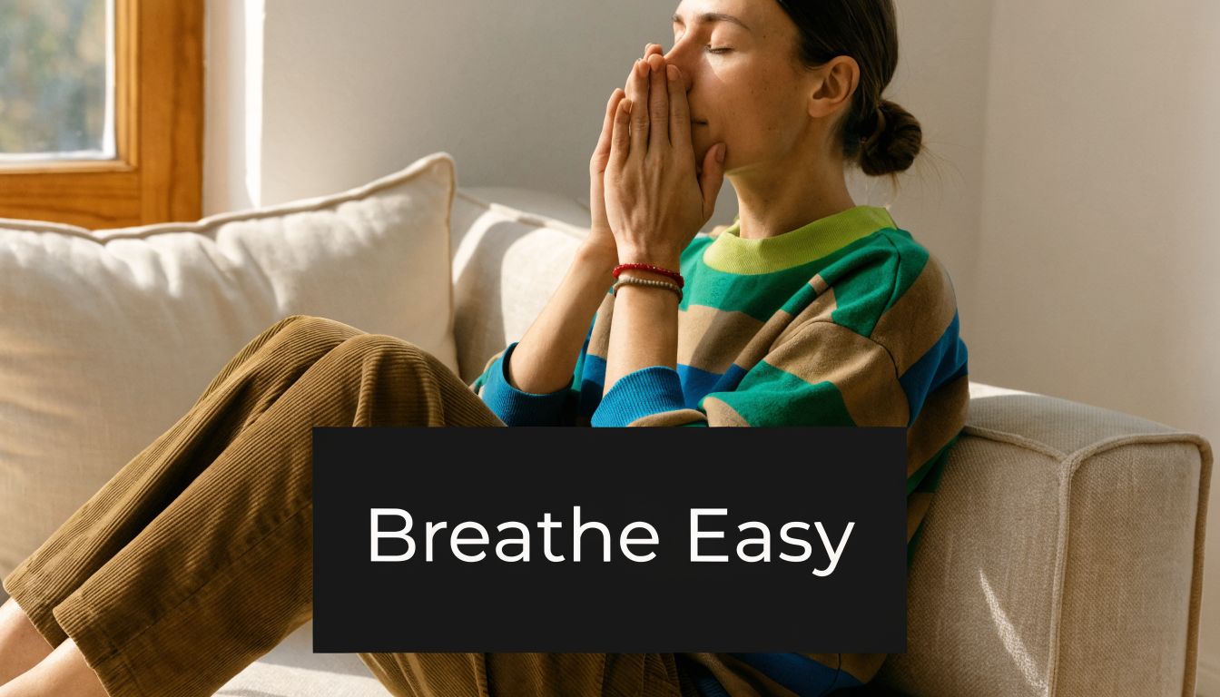 A woman sitting on a beige couch breathing mindfully with hands pressed together in a relaxing setting.